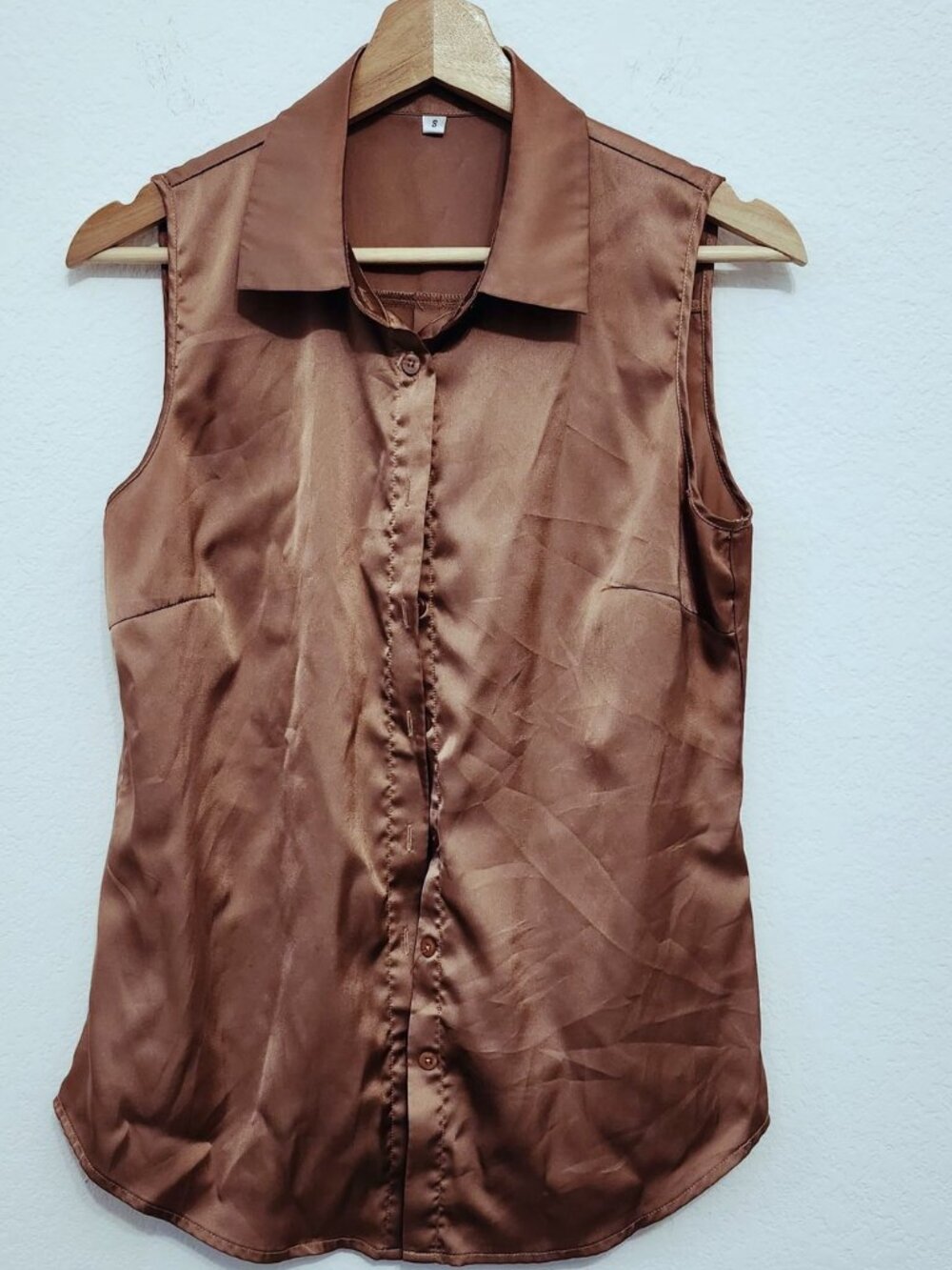 Bronze Satin Sleeveless Button-Front Blouse Sz S